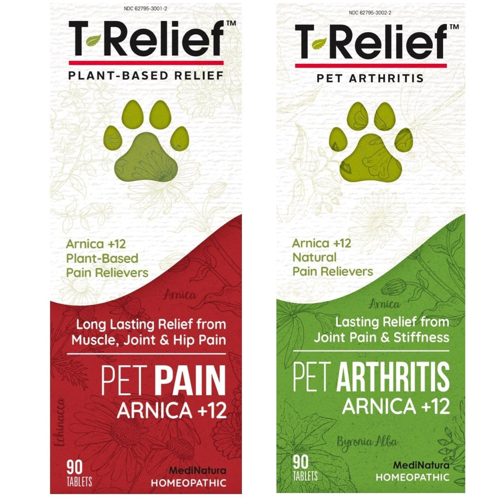 MediNatura Plant-Powered Pet Pain Relief Bundle T-Relief Pet Pain Tablets (90) + T-Relief Pet Arthritis (90) 12 Plant-Based Homeopathic Pain Relievers with Arnica - Support for Muscles, Joints + HIPS - TrustMedUSA