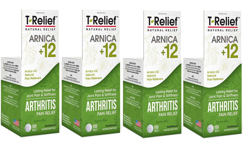MediNatura T-Relief Extra Strength Arthritis Pain Reliever Arnica +12 Natural Medicines for Joint Soreness Stiffness Aches, Quick Dissolving Pain Relief for Women & Men - 100 Tablets (4 Pack) - TrustMedUSA