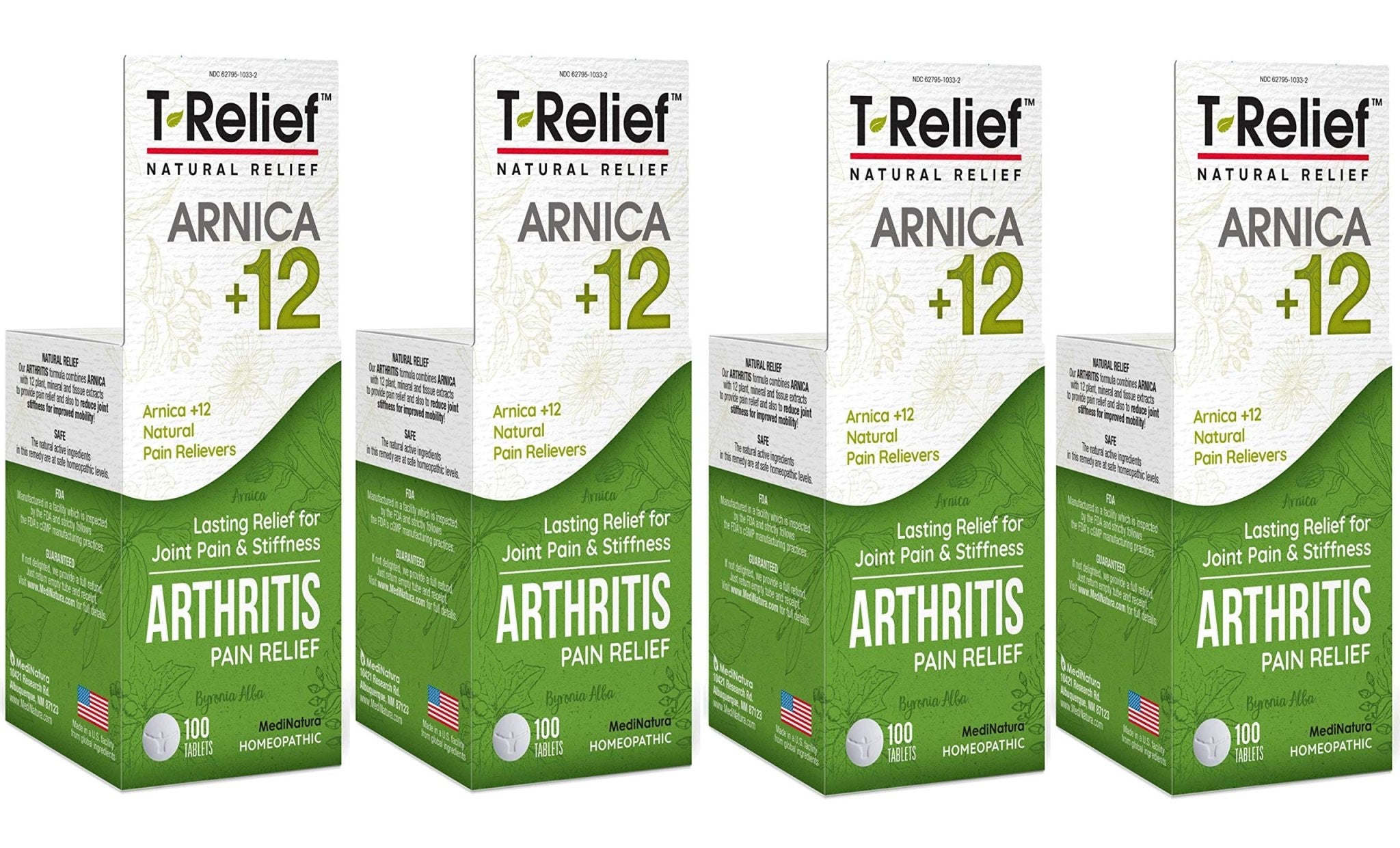 MediNatura T-Relief Extra Strength Arthritis Pain Reliever Arnica +12 Natural Medicines for Joint Soreness Stiffness Aches, Quick Dissolving Pain Relief for Women & Men - 100 Tablets (4 Pack) - TrustMedUSA