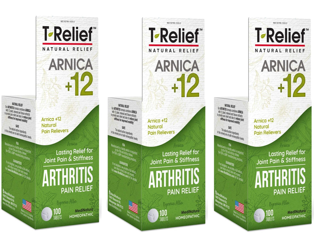 MediNatura T-Relief Extra Strength Arthritis Pain Reliever Arnica +12 Natural Medicines for Joint Soreness Stiffness Aches, Quick Dissolving Pain Relief for Women & Men - 100 Tablets (Pack of 3) - TrustMedUSA