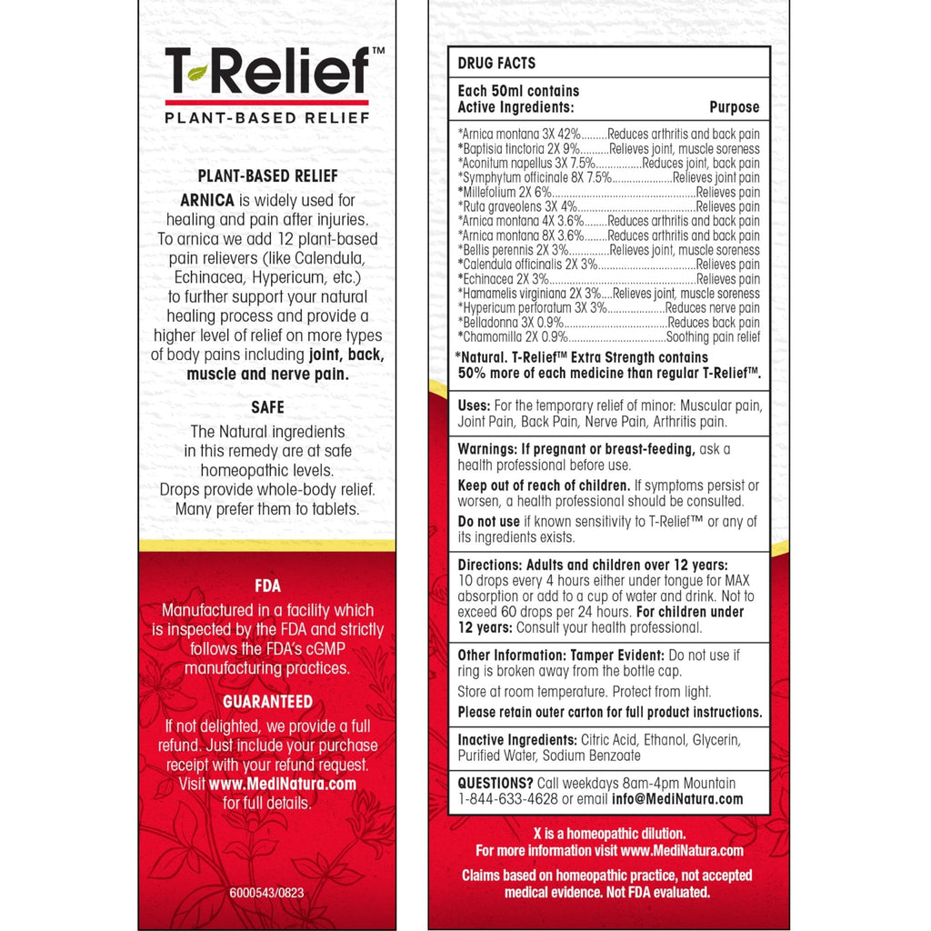 MediNatura T-Relief Extra Strength Oral Drops Arnica +12 Fast-Acting Natural Relieving Actives for Back Neck Joint Muscle Hand & Foot Aches Pains & Soreness - 1.69 oz - TrustMedUSA