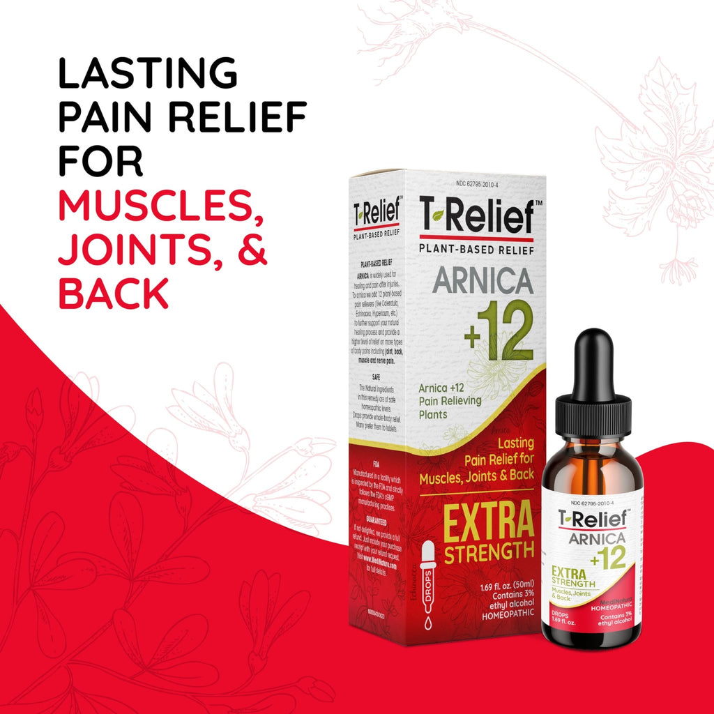MediNatura T-Relief Extra Strength Oral Drops Arnica +12 Fast-Acting Natural Relieving Actives for Back Neck Joint Muscle Hand & Foot Aches Pains & Soreness - 1.69 oz - TrustMedUSA