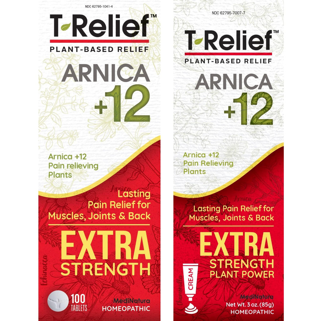 MediNatura T-Relief Extra Strength Pain Relief Arnica +12 Plant-Based Pain Relievers 100ct Tablets T-Relief Extra Strength Pain Relief 3oz Cream Bundle - TrustMedUSA