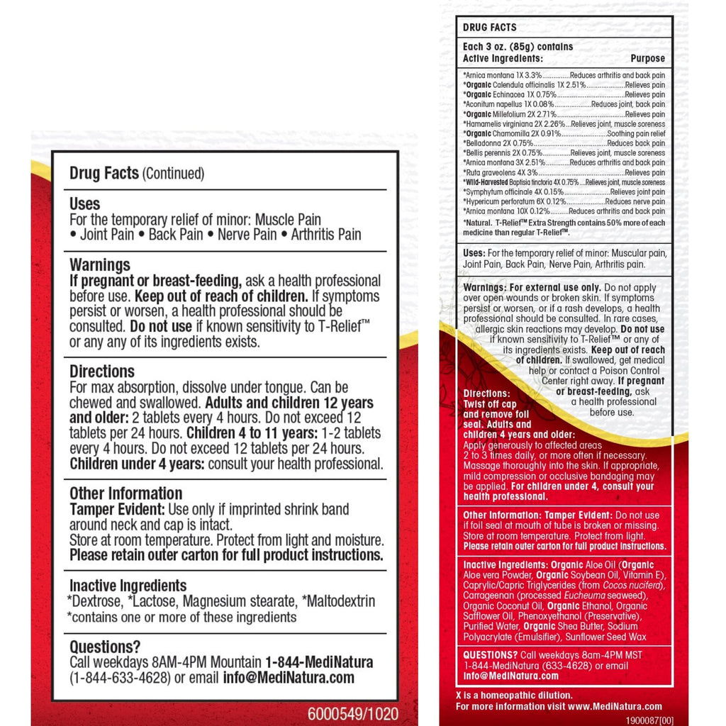 MediNatura T-Relief Extra Strength Pain Relief Arnica +12 Plant-Based Pain Relievers 100ct Tablets T-Relief Extra Strength Pain Relief 3oz Cream Bundle - TrustMedUSA