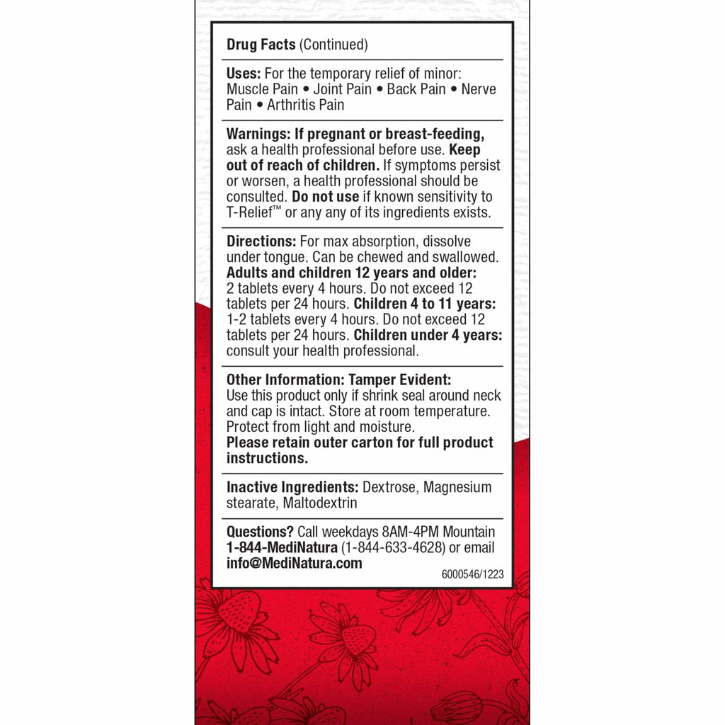 MediNatura T-Relief Pain - Arnica Medication for Naturally Soothing Body Aches - Supports Muscle, Joint & Back Relief - Chewable Tablets - Plant-Based Tablets - Non-Addictive - 100 Count - 2 Pack - TrustMedUSA