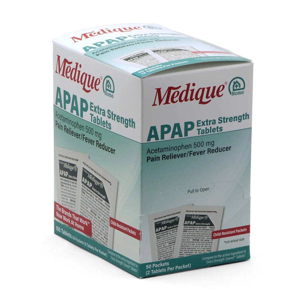 Medique @ Home 70433 Extra Strength APAP Tablets, Non-Aspirin, 50 Packets (2 Tablets per Packet) Total-100 Count - TrustMedUSA