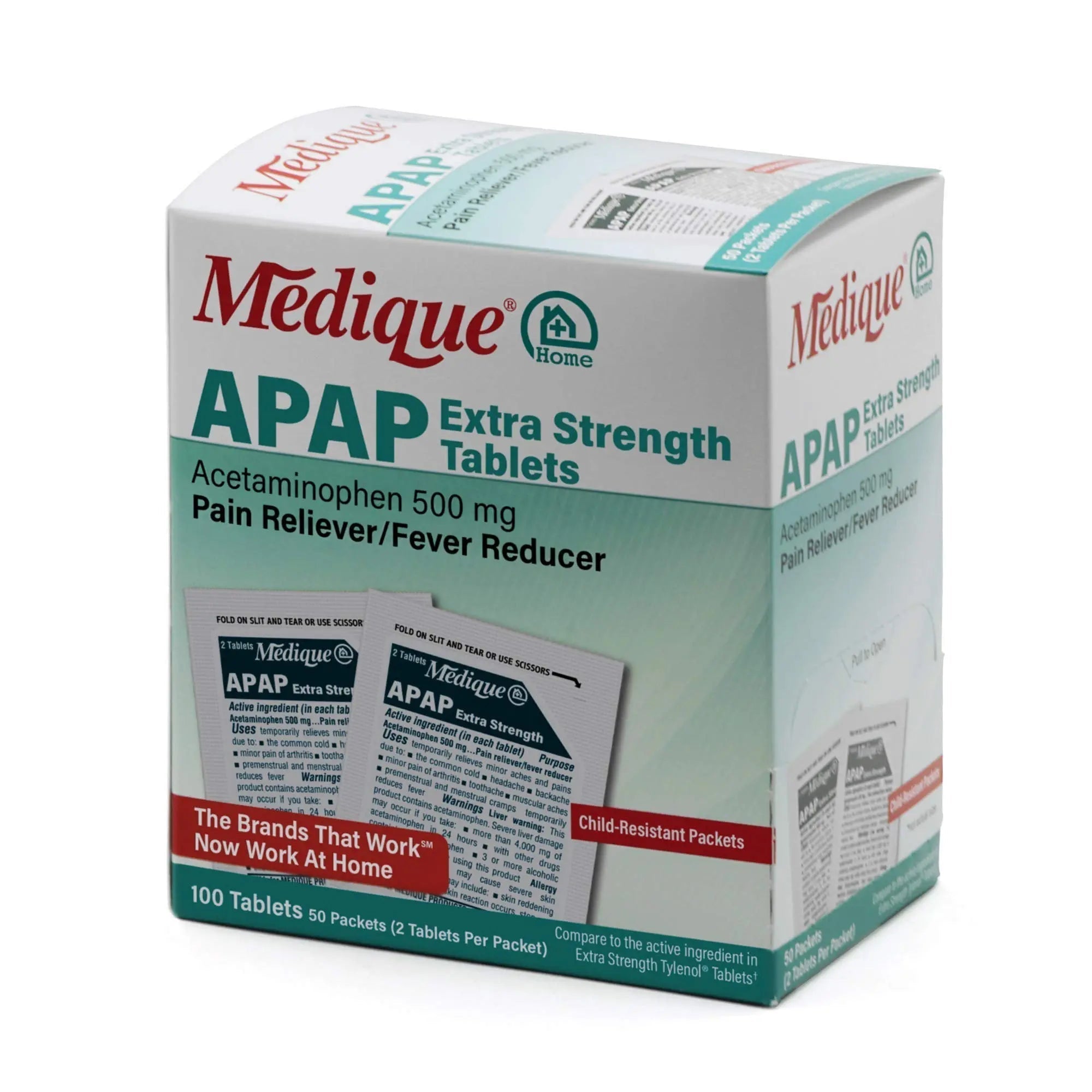 Medique @ Home 70433 Extra Strength APAP Tablets, Non-Aspirin, 50 Packets (2 Tablets per Packet) Total-100 Count - TrustMedUSA