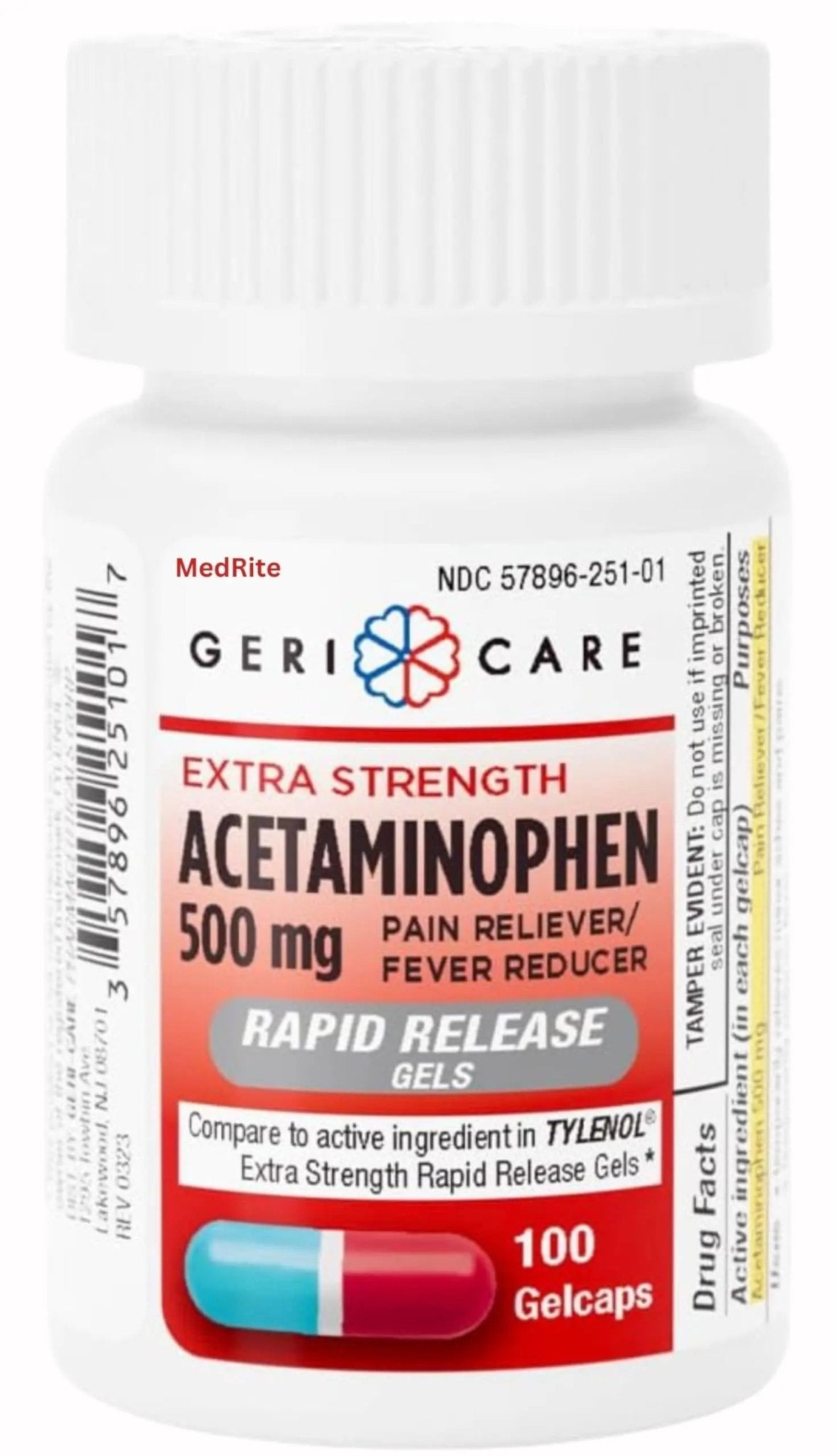 MedRite Acetaminophen 500mg Extra Strength - 100 Rapid Release Gelcaps - Over-The-Counter Medication - TrustMedUSA