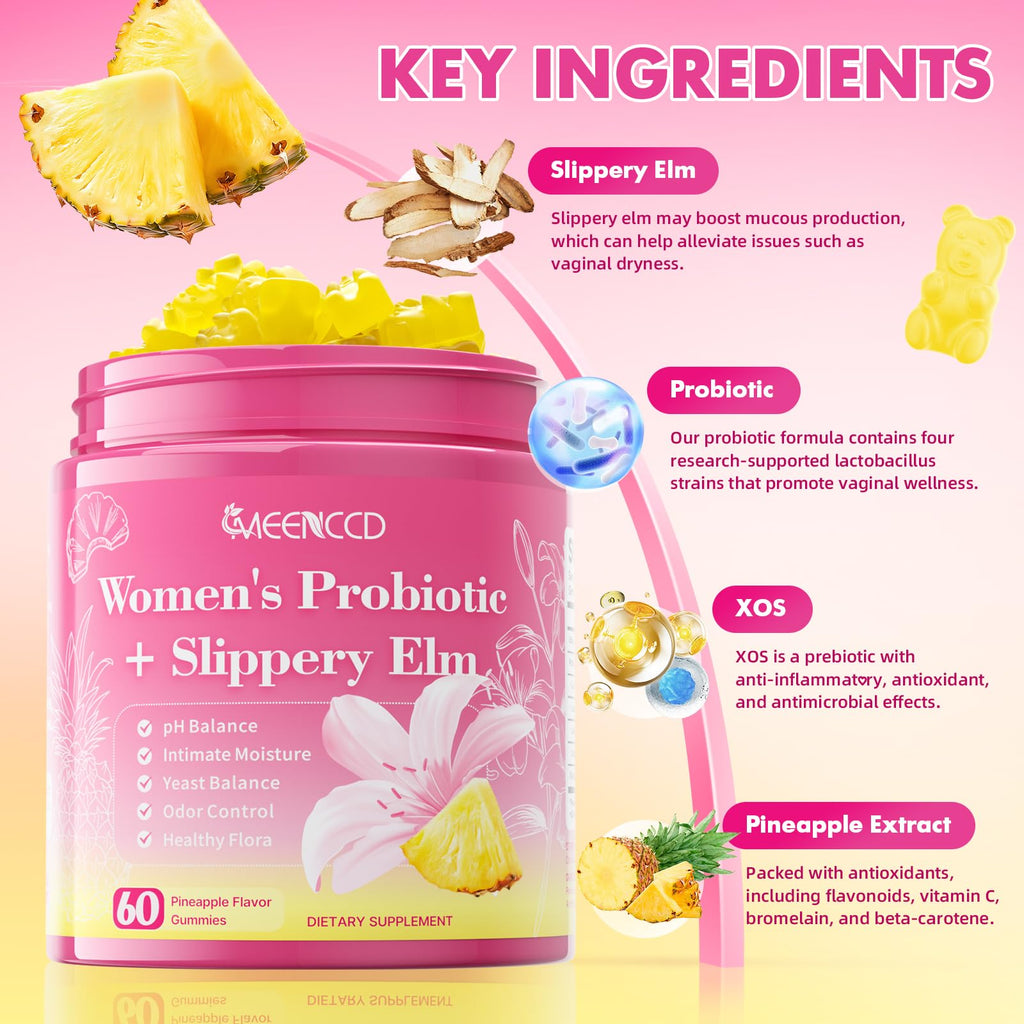 MEENCCD Her Juicy Feminine Probiotics Gummies with Slippery Elm & Lactobacillus Blend, Supports pH Balance & Immune Function, Promotes Vaginal Wellness, Pineapple Flavor, 60 Count - TrustMedUSA