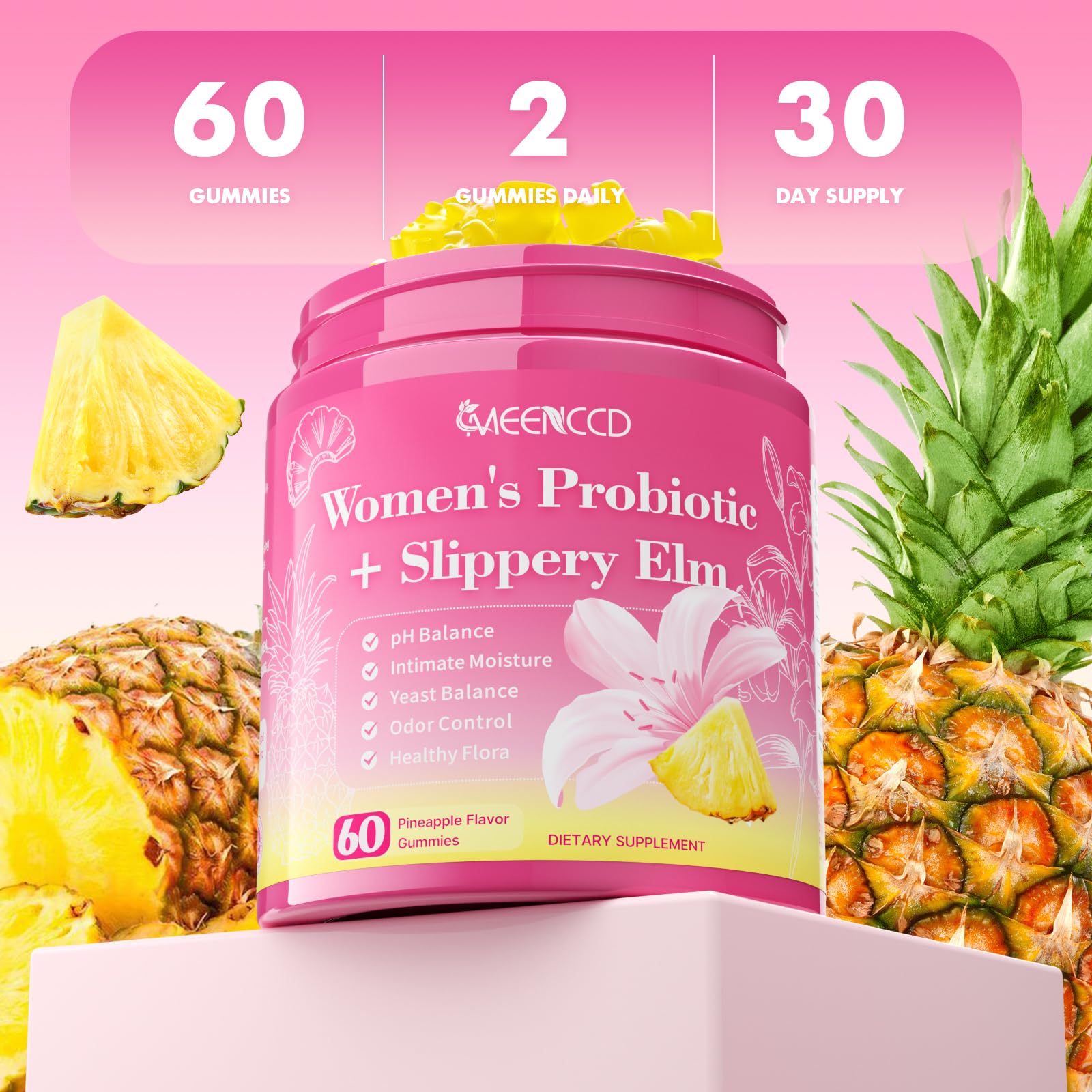 MEENCCD Her Juicy Feminine Probiotics Gummies with Slippery Elm & Lactobacillus Blend, Supports pH Balance & Immune Function, Promotes Vaginal Wellness, Pineapple Flavor, 60 Count - TrustMedUSA