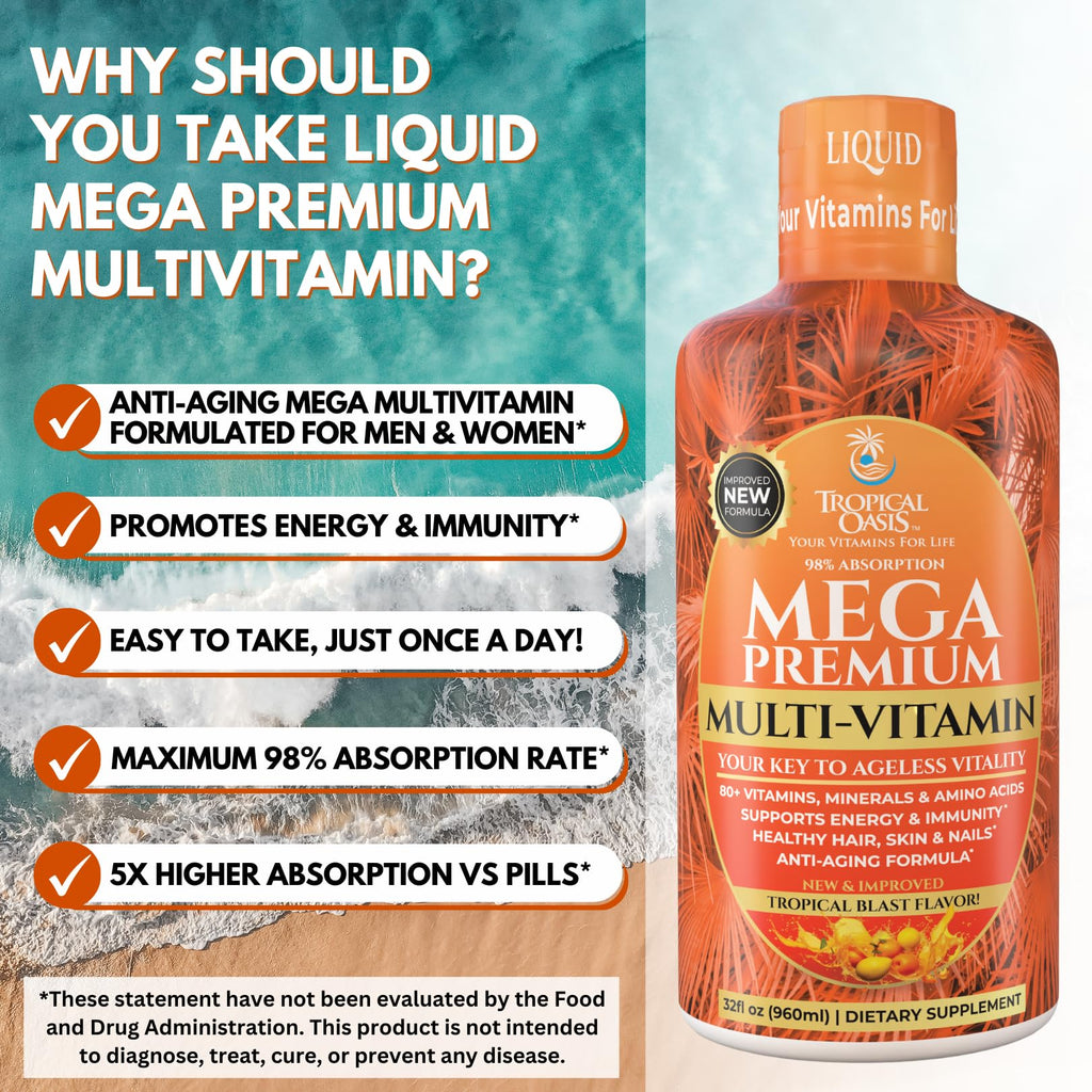 Mega Premium Liquid Multivitamin | Natural Immune Support Vitamin w/ 1333% Vitamin C, 200% D3, Zinc + 20 Vitamins, 70 Minerals, & 21 Amino Acids | Sugar Free | Orange Flavor | 98% Absorption | 32 Serv - TrustMedUSA
