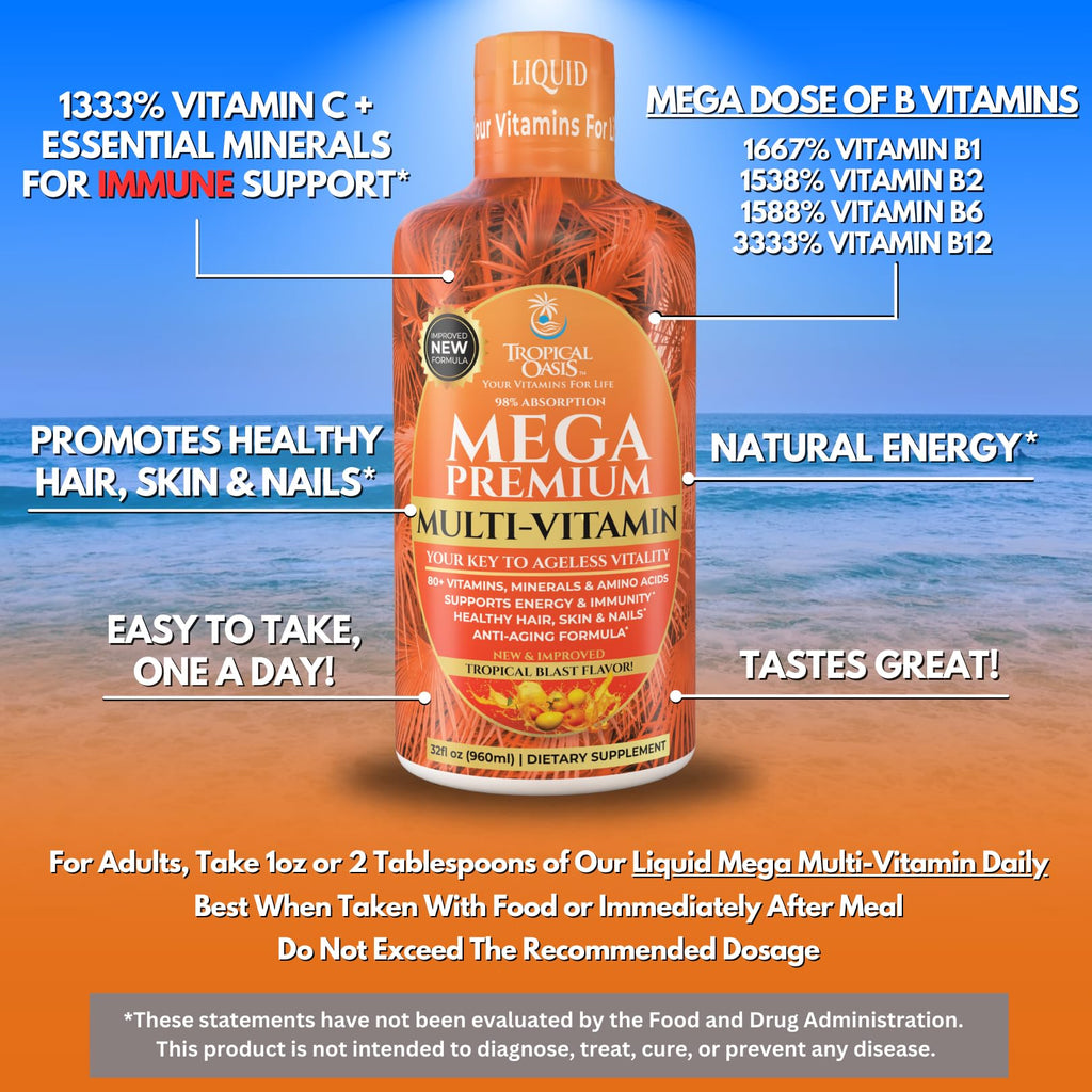 Mega Premium Liquid Multivitamin | Natural Immune Support Vitamin w/ 1333% Vitamin C, 200% D3, Zinc + 20 Vitamins, 70 Minerals, & 21 Amino Acids | Sugar Free | Orange Flavor | 98% Absorption | 32 Serv - TrustMedUSA