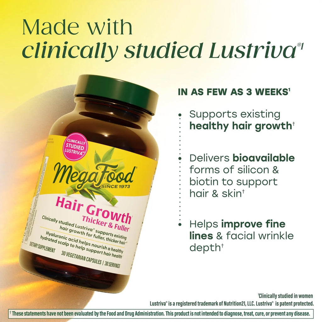 MegaFood Hair Growth – Clinically Studied Lustriva & Hyaluronic Acid - Biotin 10000mcg, Thicker & Fuller Existing Hair Growth Vitamins - 30 Vegetarian Capsules, 30 Servings - TrustMedUSA