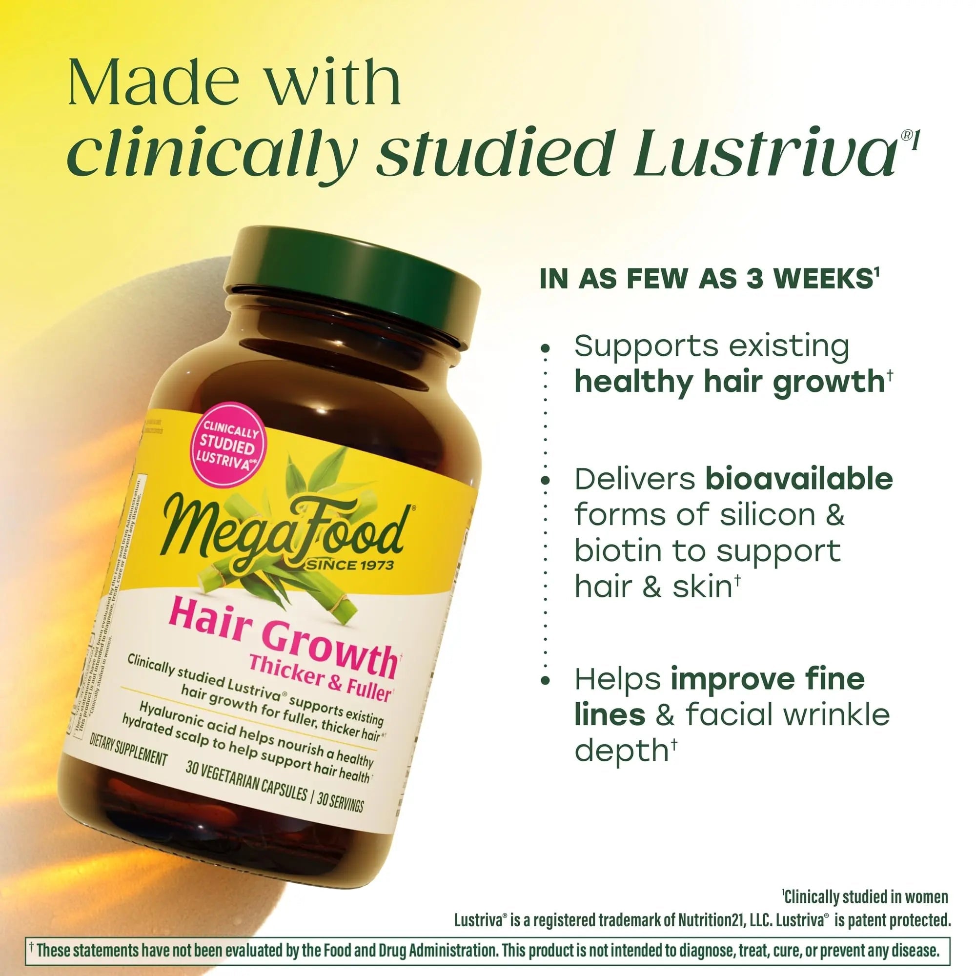 MegaFood Hair Growth – Clinically Studied Lustriva & Hyaluronic Acid - Biotin 10000mcg, Thicker & Fuller Existing Hair Growth Vitamins - 30 Vegetarian Capsules, 30 Servings - TrustMedUSA