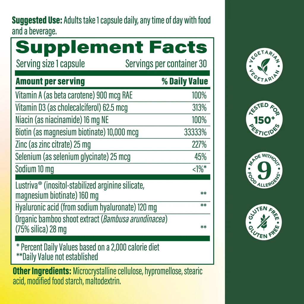 MegaFood Hair Growth – Clinically Studied Lustriva & Hyaluronic Acid - Biotin 10000mcg, Thicker & Fuller Existing Hair Growth Vitamins - 30 Vegetarian Capsules, 30 Servings - TrustMedUSA