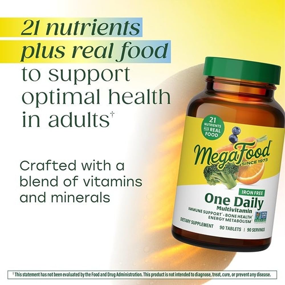 MegaFood One Daily Iron Free Multivitamin - Multivitamin for Women and Men - with Real Food - Immune Support Supplement - Bone Health - Energy Metabolism - Vegetarian; Non-GMO; No Iron - 60 Tablets - TrustMedUSA