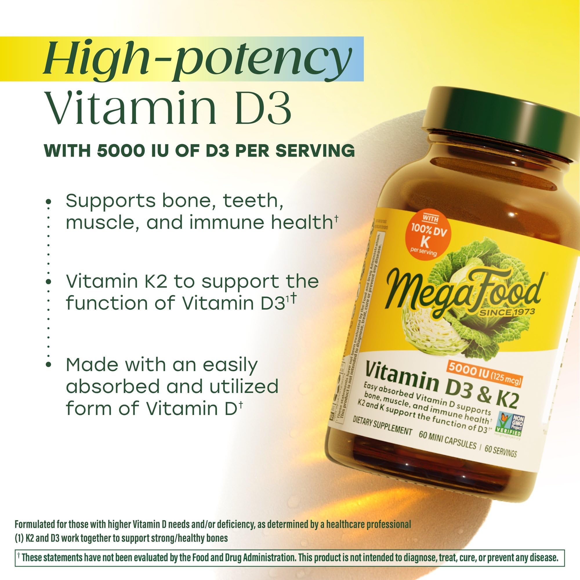 MegaFood Vitamin D3 5000 IU (125 mcg) - Vegetarian Supplements with Vitamin D3 K2 - Supports Bones, Teeth, Muscles & Immune Health - Certified Non-GMO - 120 Mini Capsules, 120 Servings - Maple Wellness Supplements