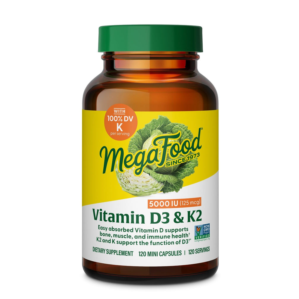 MegaFood Vitamin D3 5000 IU (125 mcg) - Vegetarian Supplements with Vitamin D3 K2 - Supports Bones, Teeth, Muscles & Immune Health - Certified Non-GMO - 120 Mini Capsules, 120 Servings - Maple Wellness Supplements