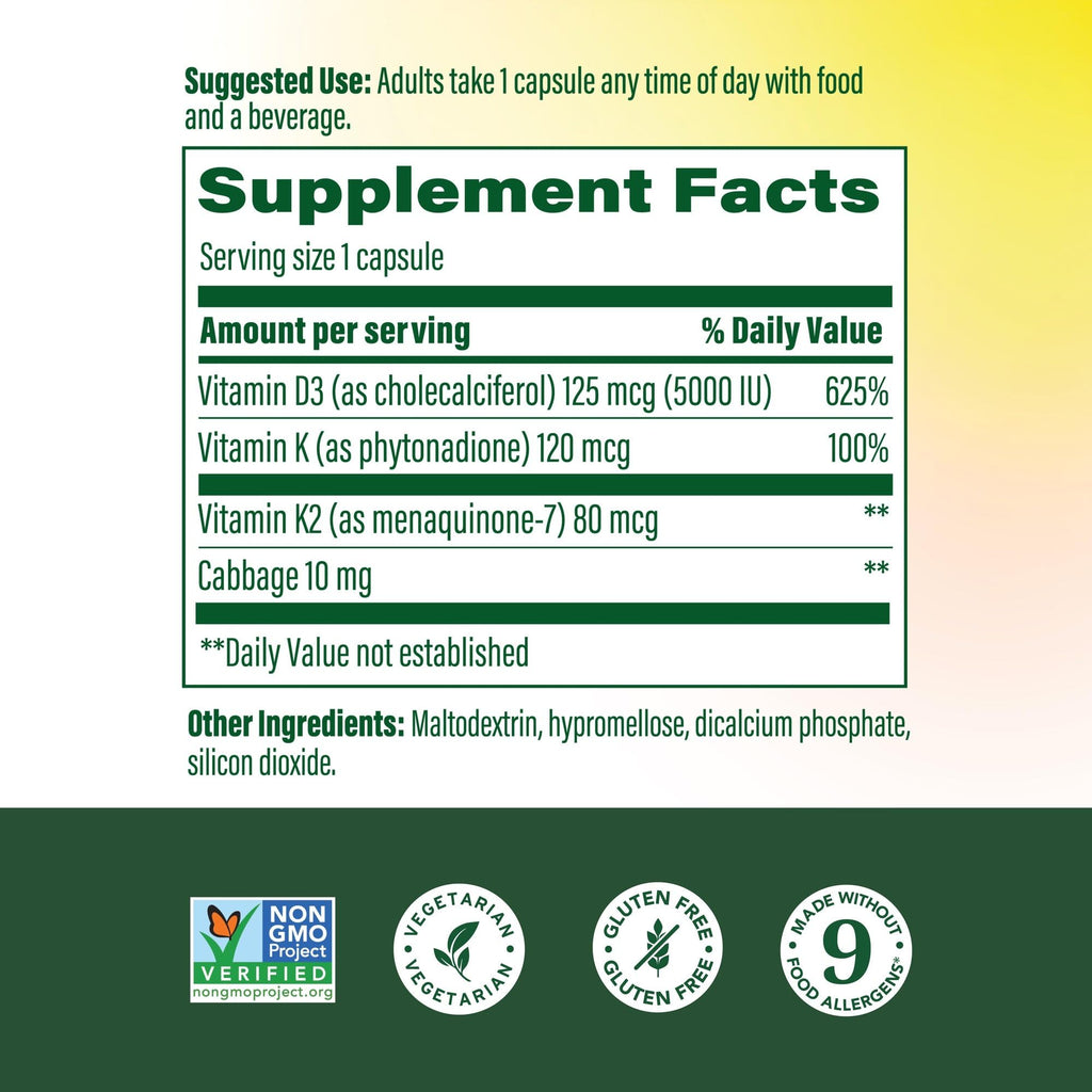 MegaFood Vitamin D3 5000 IU (125 mcg) - Vegetarian Supplements with Vitamin D3 K2 - Supports Bones, Teeth, Muscles & Immune Health - Certified Non-GMO - 120 Mini Capsules, 120 Servings - Maple Wellness Supplements