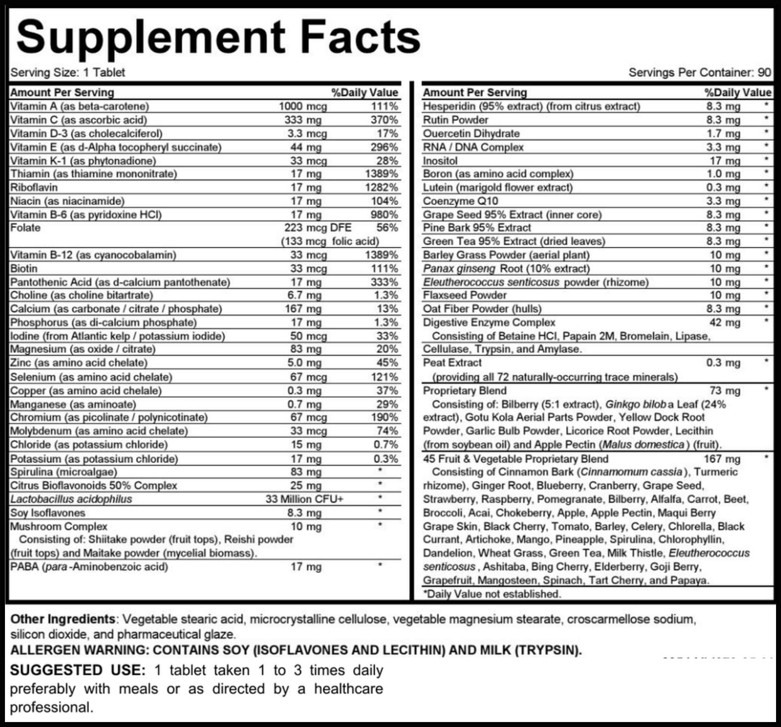 MEGAV-1 Multi-Vitamin, Superfood & Minerals - Daily Multivitamin with Probiotics, Digestive Enzyme, Mushroom Complex for Heart Health, Immune Support, Energy & Stamina - 90 Tablets - TrustMedUSA