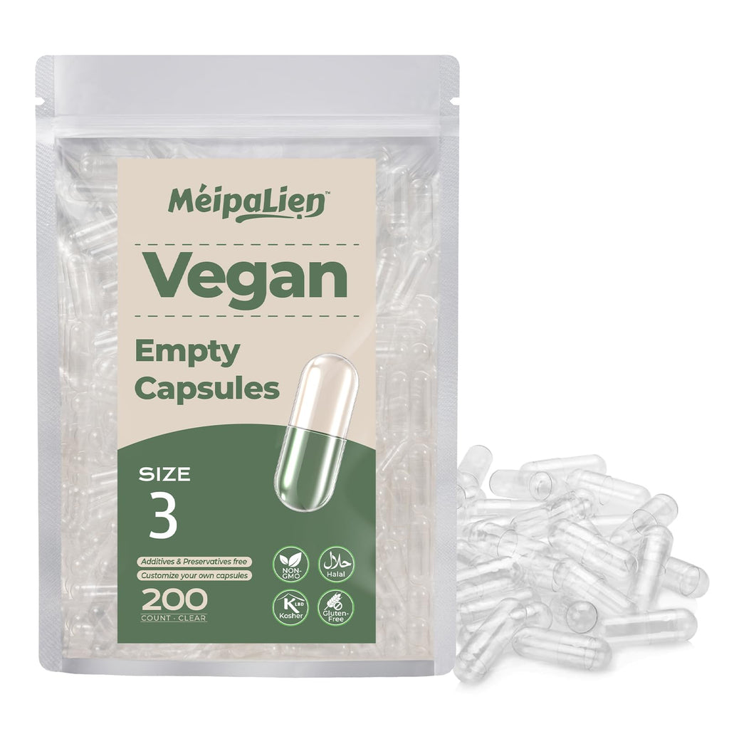 MéipaLien HPMC Empty Capsules Size 3-200 Clear Count Pill Capsules Empty - Plant-Based Cellulose | Vegetarian, Halal, Non-GMO | for DIY Supplement & Herbal Filling - TrustMedUSA
