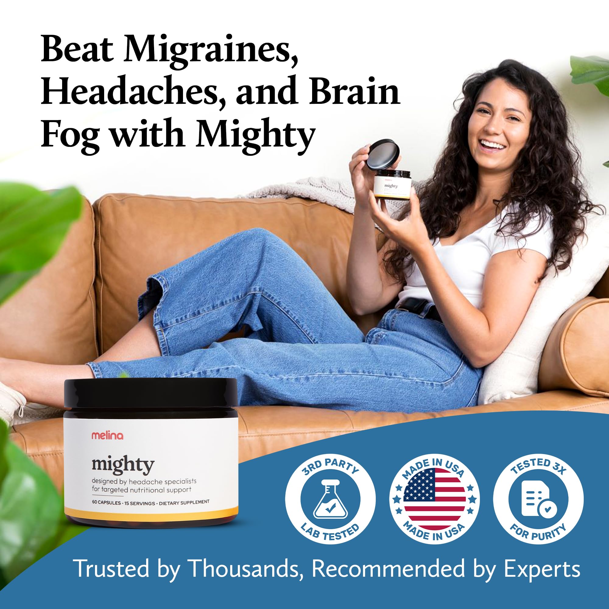Melina Mighty Natural Migraine Relief Supplement - Magnesium, B2 Riboflavin 400mg, Feverfew, CoQ-10, ALCAR to Strengthen Migraine and Headache Prevention - 15 Servings (60 Caps) - TrustMedUSA