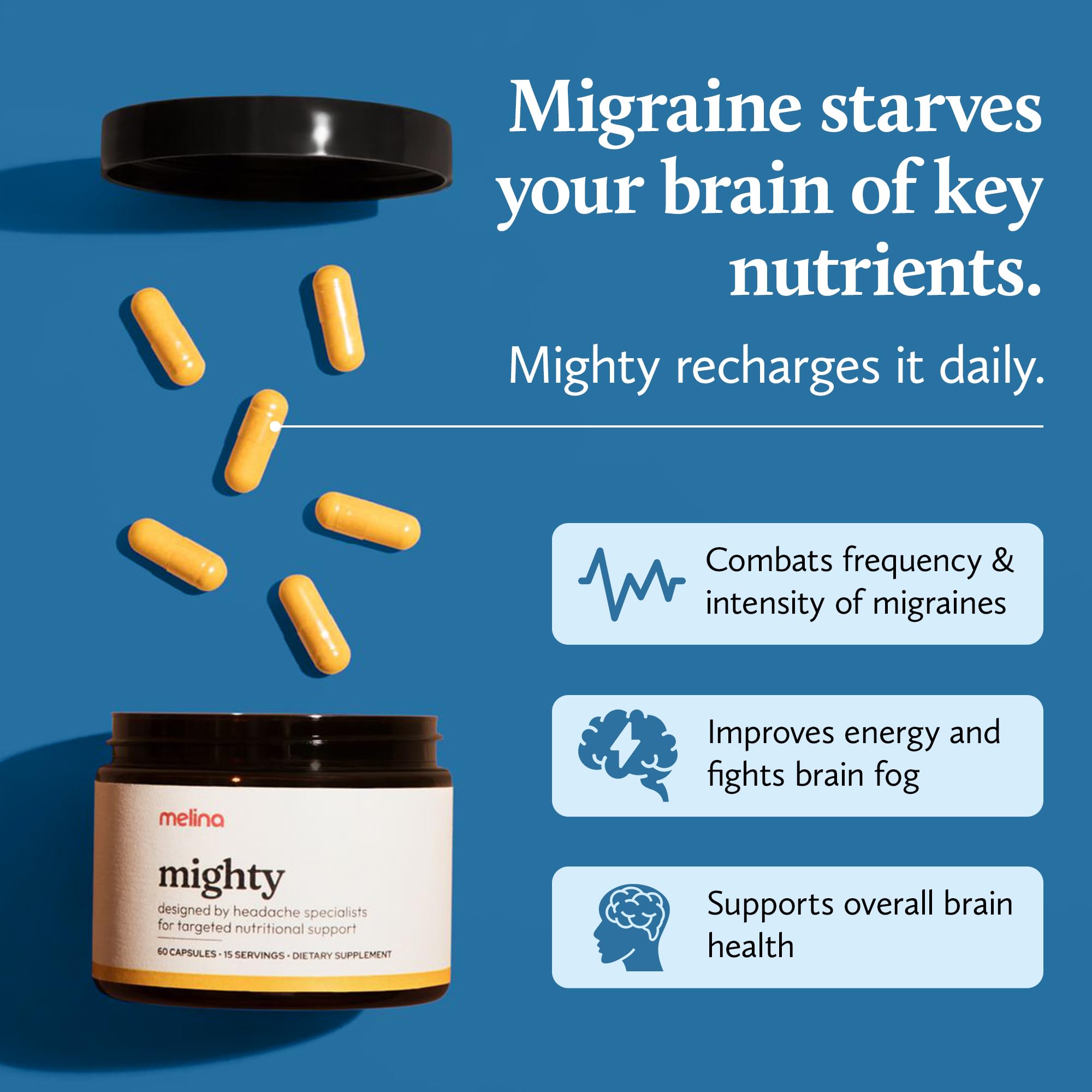 Melina Mighty Natural Migraine Relief Supplement - Magnesium, B2 Riboflavin 400mg, Feverfew, CoQ-10, ALCAR to Strengthen Migraine and Headache Prevention - 15 Servings (60 Caps) - TrustMedUSA