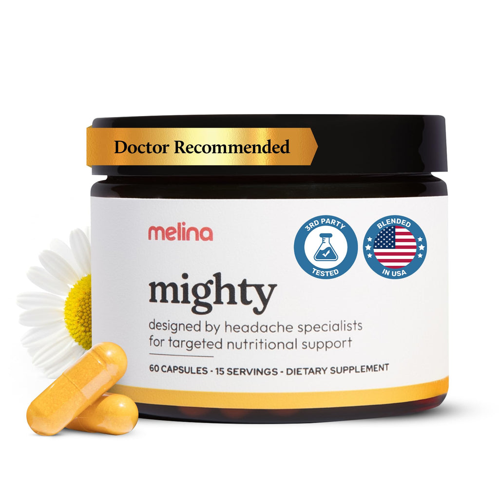 Melina Mighty Natural Migraine Relief Supplement - Magnesium, B2 Riboflavin 400mg, Feverfew, CoQ-10, ALCAR to Strengthen Migraine and Headache Prevention - 15 Servings (60 Caps) - TrustMedUSA