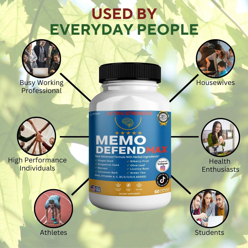 Memo Defend Max Memory Support Supplement, 60 Capsules, with Vitamins A C D E B Complex, DHA, Bacopa, Grapefruit Seed (1) - TrustMedUSA