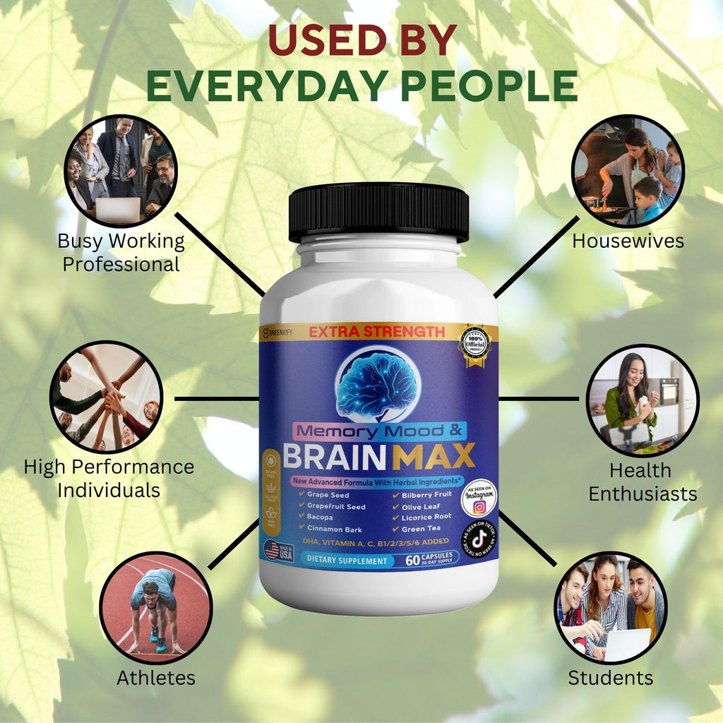 Memory, Mood & Brain Max Extra Strength Supplement with Herbal Ingredients, 60 Capsules, DHA, Vitamins, Bacopa, Green Tea (1) - TrustMedUSA