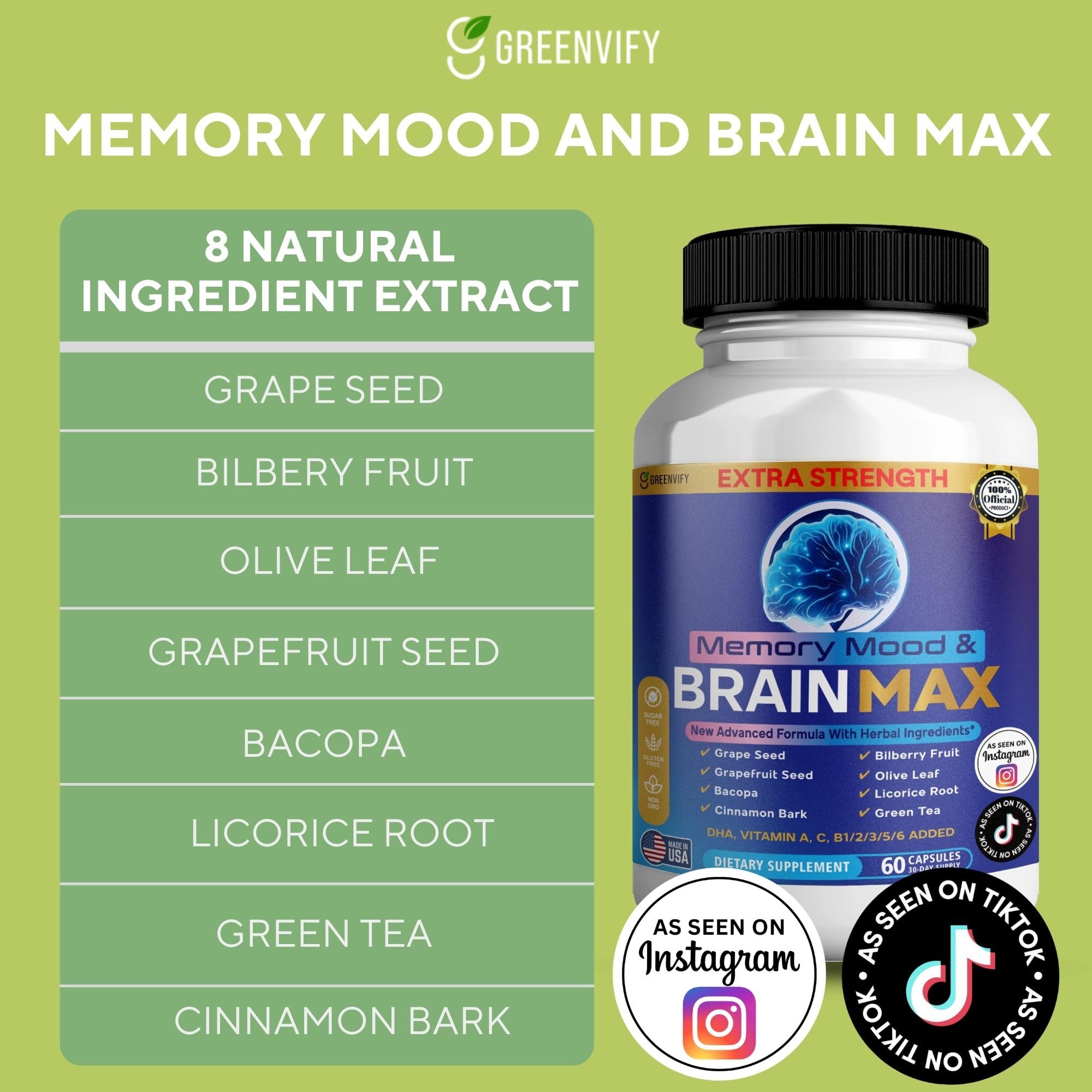 Memory, Mood & Brain Max Extra Strength Supplement with Herbal Ingredients, 60 Capsules, DHA, Vitamins, Bacopa, Green Tea (1) - TrustMedUSA