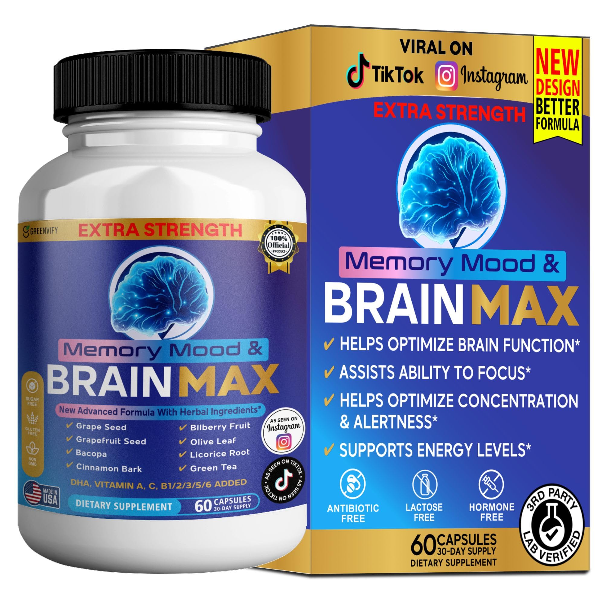 Memory, Mood & Brain Max Extra Strength Supplement with Herbal Ingredients, 60 Capsules, DHA, Vitamins, Bacopa, Green Tea (1) - TrustMedUSA