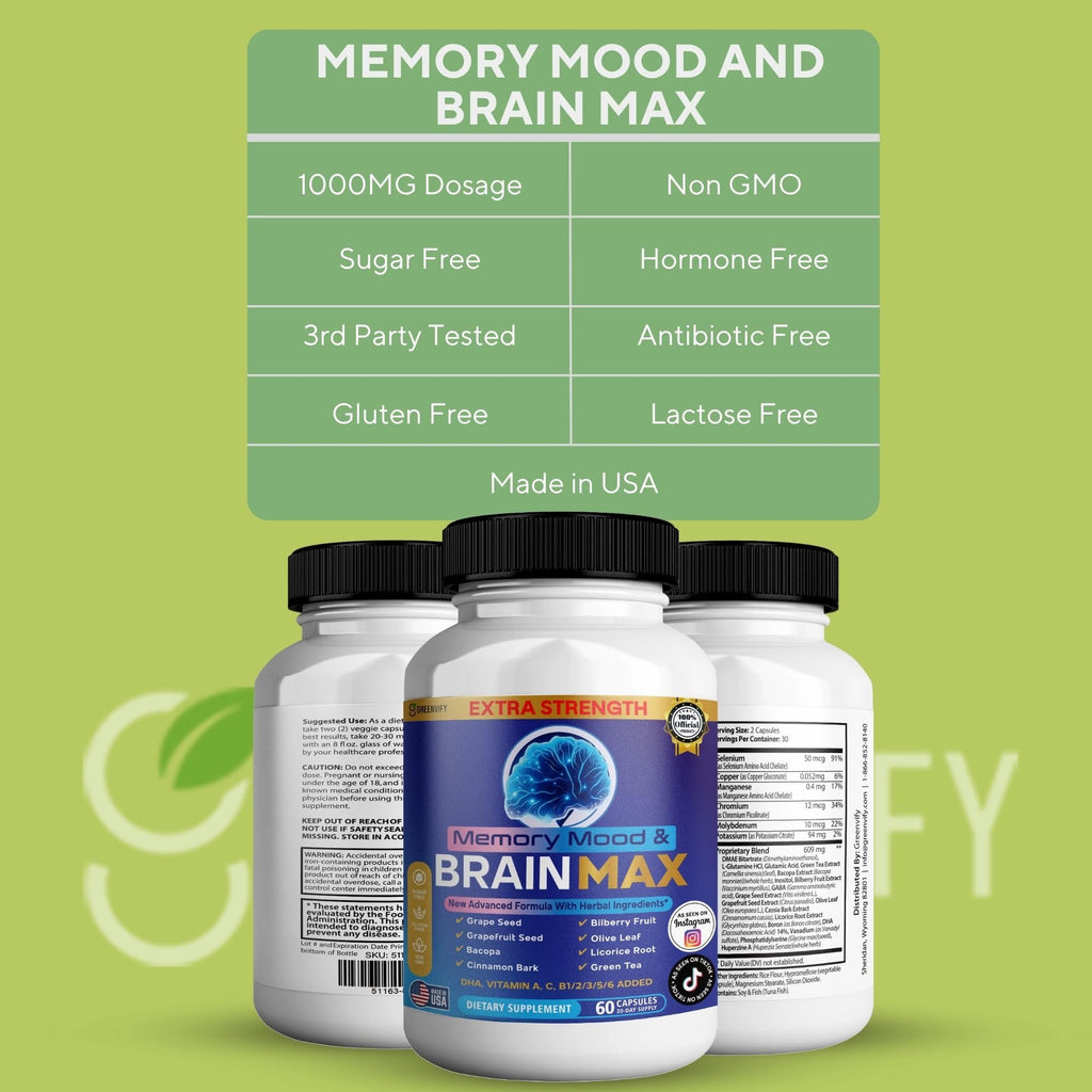 Memory, Mood & Brain Max Extra Strength Supplement with Herbal Ingredients, 60 Capsules, DHA, Vitamins, Bacopa, Green Tea (1) - TrustMedUSA