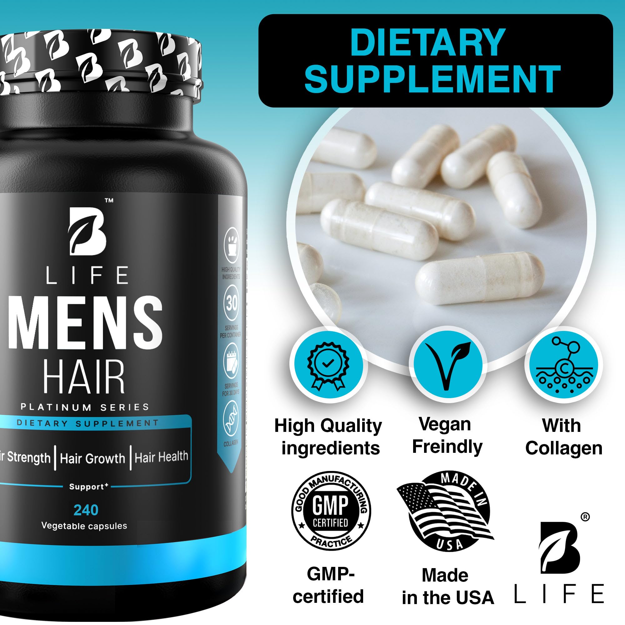 Men’s Hair Growth Supplement – Biotin & Collagen Hair Vitamins for Men – Thicker, Fuller Hair, Nail & Scalp Support – Hair Loss Supplement with Zinc, Selenium & Vitamins A C D E – 240 Capsules - TrustMedUSA