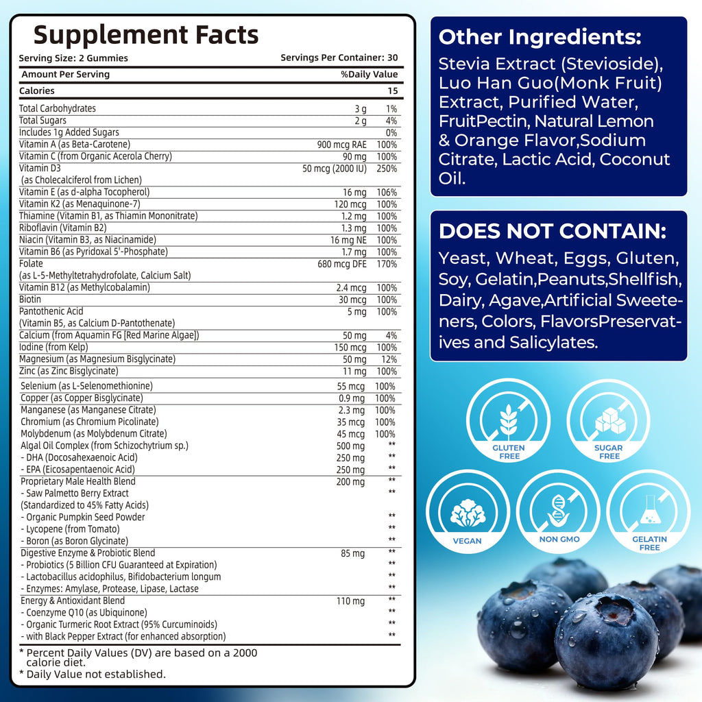 Mens Multivitamin Gummies for Men Daily - Zero Sugar Adult Gummy Vitamins with Saw Palmetto, Omega 3 DHA EPA, Probiotics 5B CFU, CoQ10, Turmeric Ginger for Prostate, Heart, Brain & Energy Support - TrustMedUSA