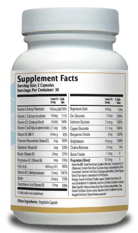 Men’s Multivitamin Supplement – Daily Energy, Immune & Heart Support – with Zinc, Magnesium, B12, CoQ10, Turmeric, Ginseng & More – 60 Vegetable Capsules – AnuMed - TrustMedUSA
