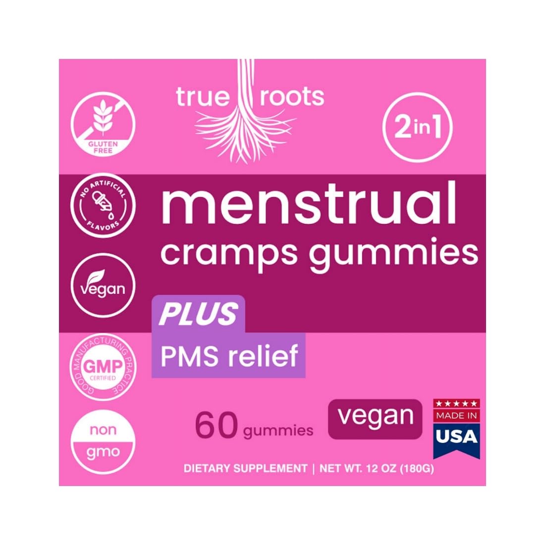 Menstrual Cramp Period Gummies True Roots | PMS Support Supplement for Women | Healthy Flow | Flo PMS Menstrual Cycle Relief, Cramping and Bloating | Vegan & Natural Flavors | 60 Count - TrustMedUSA