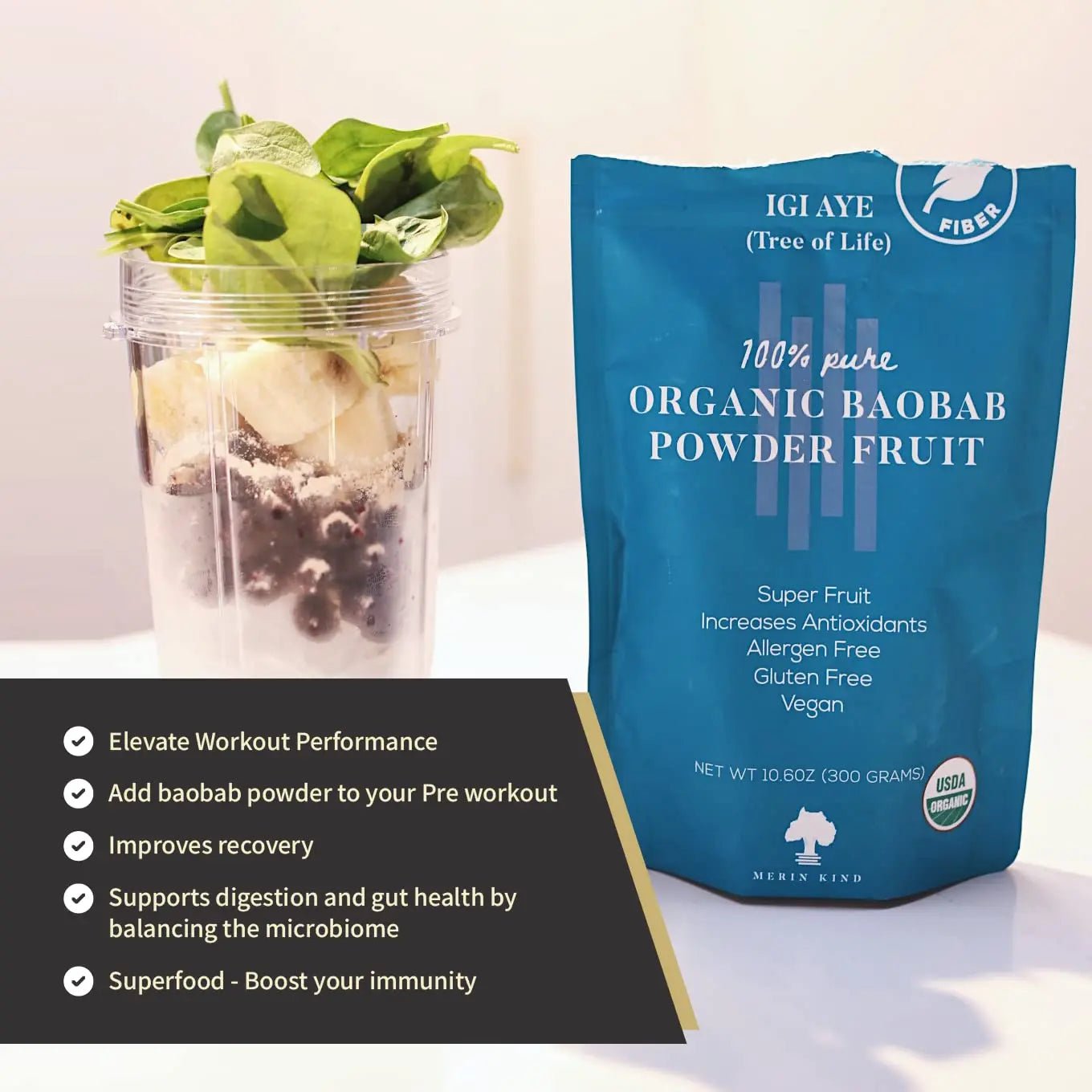 MERIN KIND Organic Baobab Powder - Prebiotic Fiber Supplement - TrustMedUSA