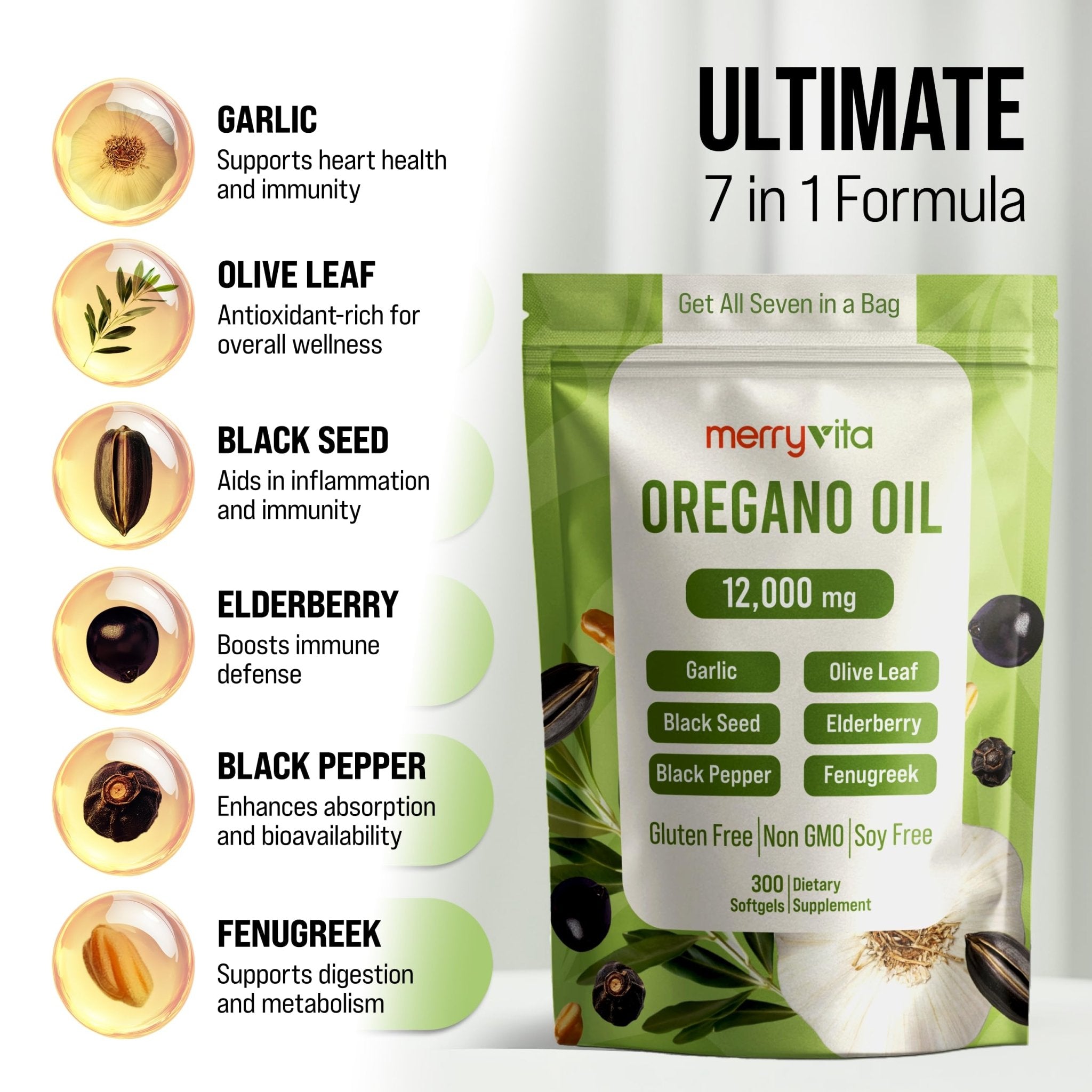 MERRY VITA Oil of Oregano with Black Seed Oil– Oregano Oil Capsules Organic, High Carvacrol – Aceite de Orégano Cápsulas, Immune Support Supplement – Non-GMO - 300 Softgels - Maple Wellness Supplements
