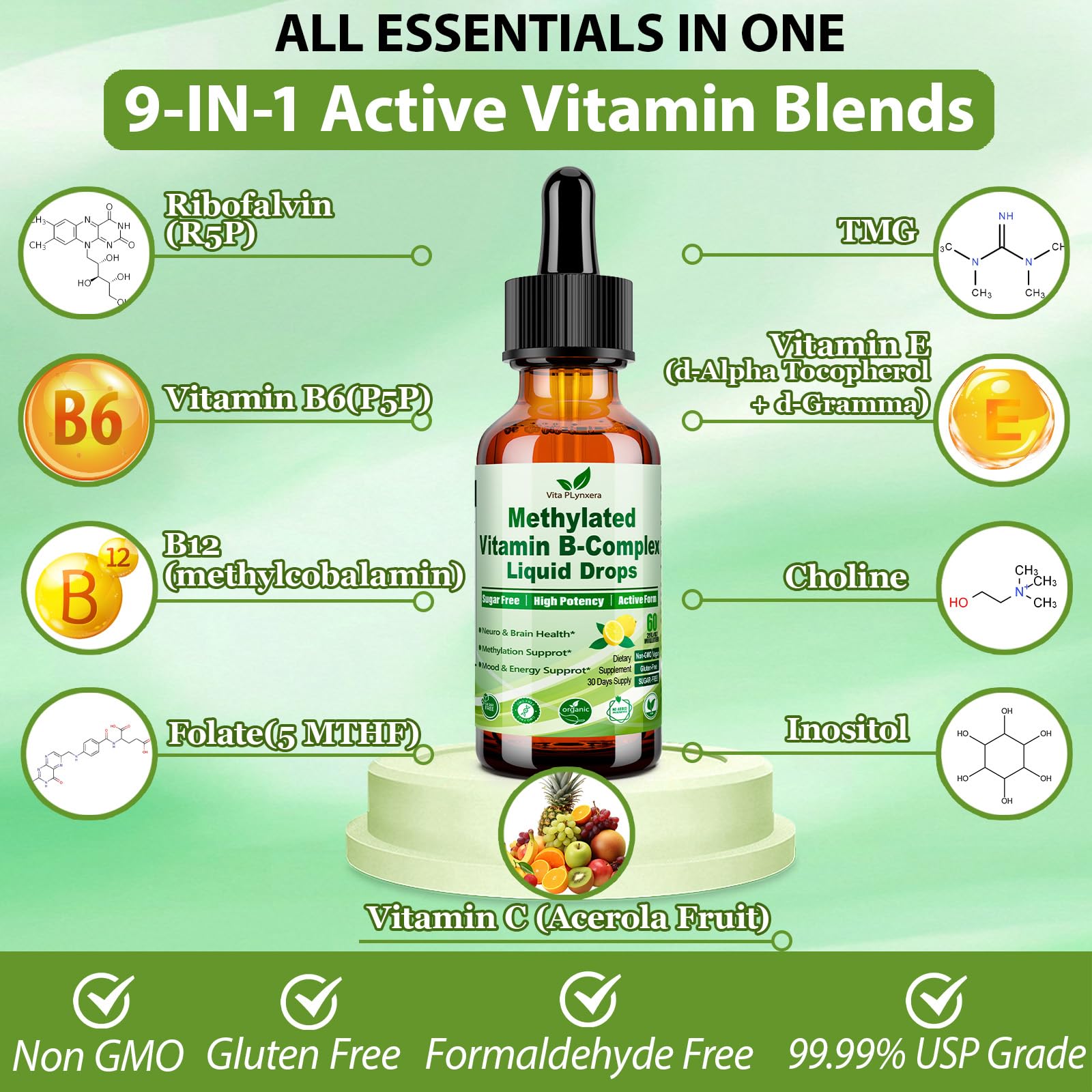 Methylated B Complex Liquid Drop Complete 9-in-1 Methyl B Vitamins w. B12 Methylfolate Inositol Choline TMG Vitamin C E, Super B-Complex Methylated for MTHFR Support, Energy Mood Nerve & Brain Health1 - TrustMedUSA