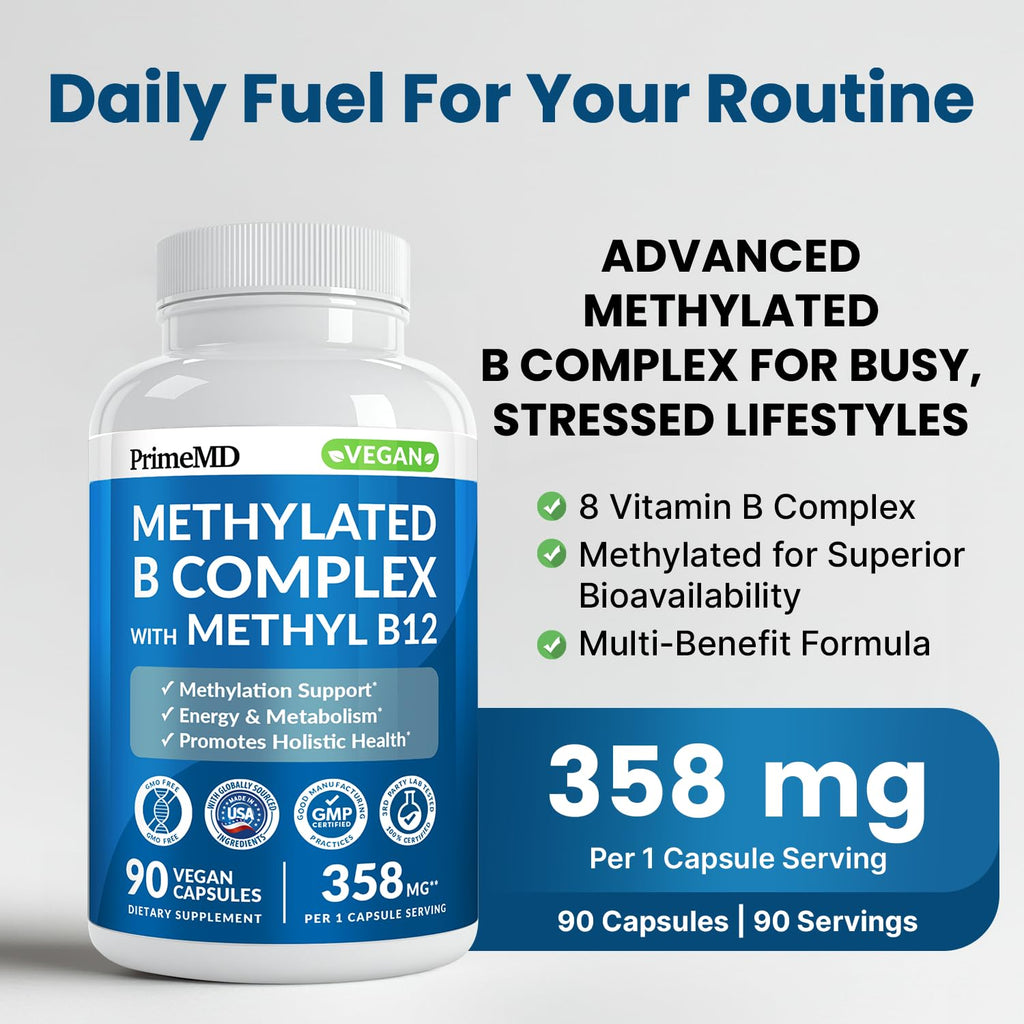 Methylated B Complex with Methylfolate and B12 Methylcobalamin 1000 mcg - Methylated Multivitamin for Energy, Brain Function, and Wellness - Vitamin B Complex for Men & Women - TrustMedUSA