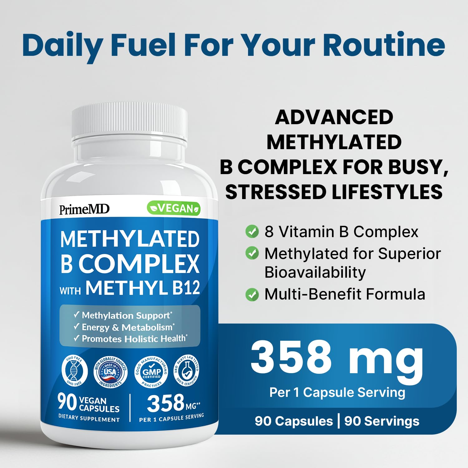 Methylated B Complex with Methylfolate and B12 Methylcobalamin 1000 mcg - Methylated Multivitamin for Energy, Brain Function, and Wellness - Vitamin B Complex for Men & Women - TrustMedUSA