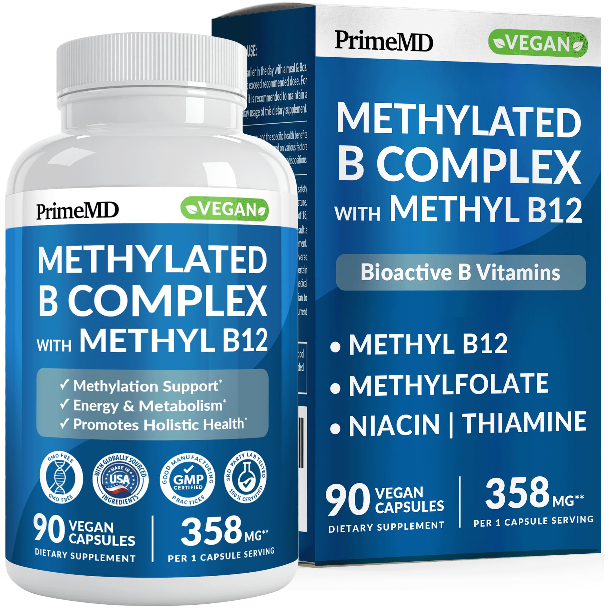 Methylated B Complex with Methylfolate and B12 Methylcobalamin 1000 mcg - Methylated Multivitamin for Energy, Brain Function, and Wellness - Vitamin B Complex for Men & Women - TrustMedUSA