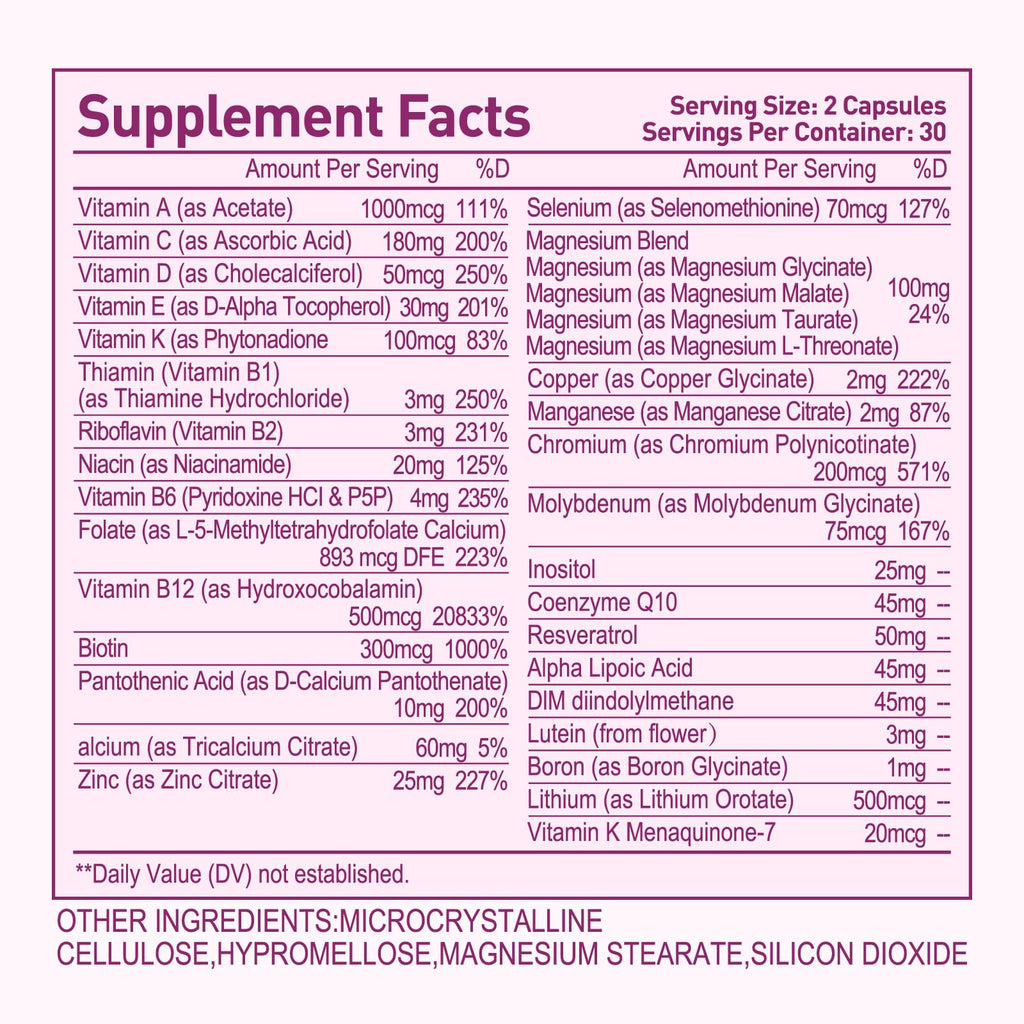 Methylated Multivitamin for Women, 30-in-1 Nutrients Formula with Inositol, CoQ10, Biotin, Zinc for Hair Health Support, Resveratrol, Vitamin C, Alpha Lipoic Acid for Skin Health Support, 60 Capsules - TrustMedUSA