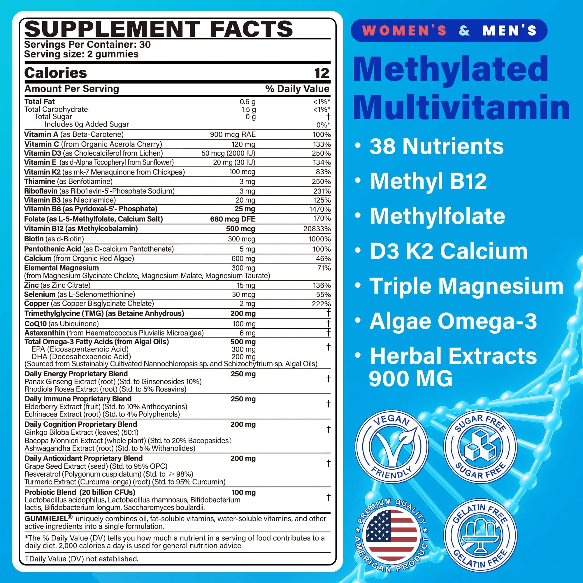Methylated Multivitamin for Women & Men Gummies w/ Omega-3, Calcium, D3 K2, Methylfolate & B12, TMG, Daily Vitamins, Mag, CoQ10, Probiotic for 18 30 40 50 60 70+, Overall Health - Vegan, Sugar Free - TrustMedUSA