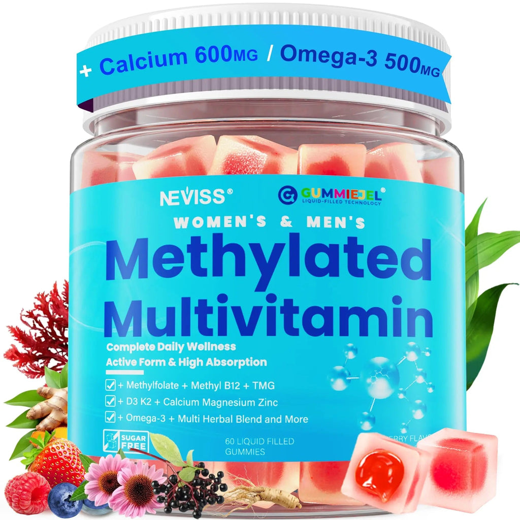 Methylated Multivitamin for Women & Men Gummies w/ Omega-3, Calcium, D3 K2, Methylfolate & B12, TMG, Daily Vitamins, Mag, CoQ10, Probiotic for 18 30 40 50 60 70+, Overall Health - Vegan, Sugar Free - TrustMedUSA