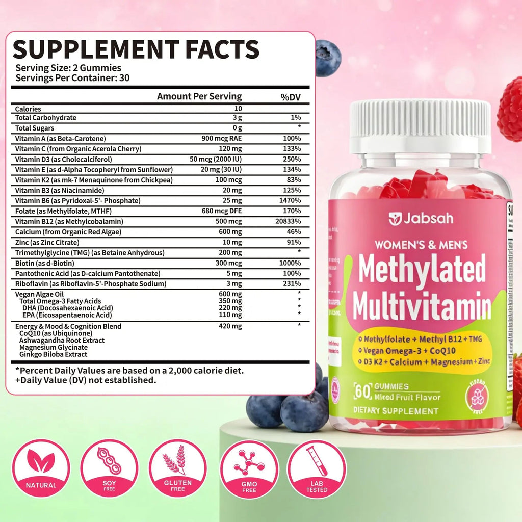 Methylated Vitamin B Complex Gummies for Women & Men, Multivitanins Gummy with Vitamin A, C ,E, Methylfolate & B12, TMG, Calcium, D3 K2 - TrustMedUSA
