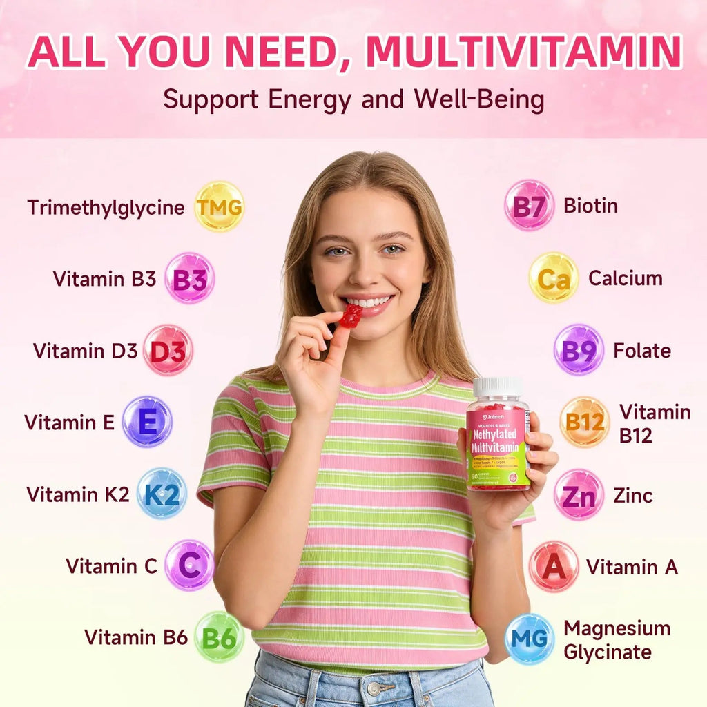 Methylated Vitamin B Complex Gummies for Women & Men, Multivitanins Gummy with Vitamin A, C ,E, Methylfolate & B12, TMG, Calcium, D3 K2 - TrustMedUSA