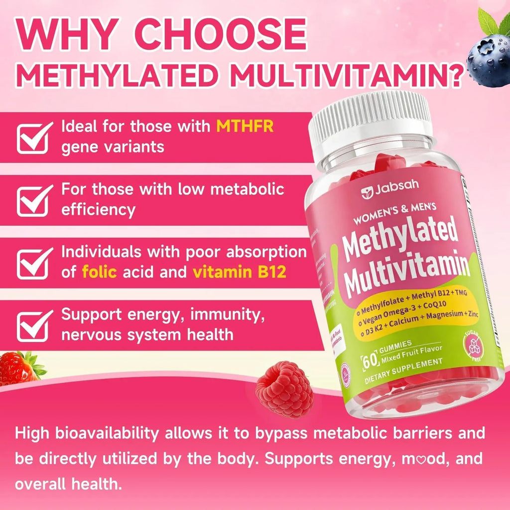 Methylated Vitamin B Complex Gummies for Women & Men, Multivitanins Gummy with Vitamin A, C ,E, Methylfolate & B12, TMG, Calcium, D3 K2 - TrustMedUSA