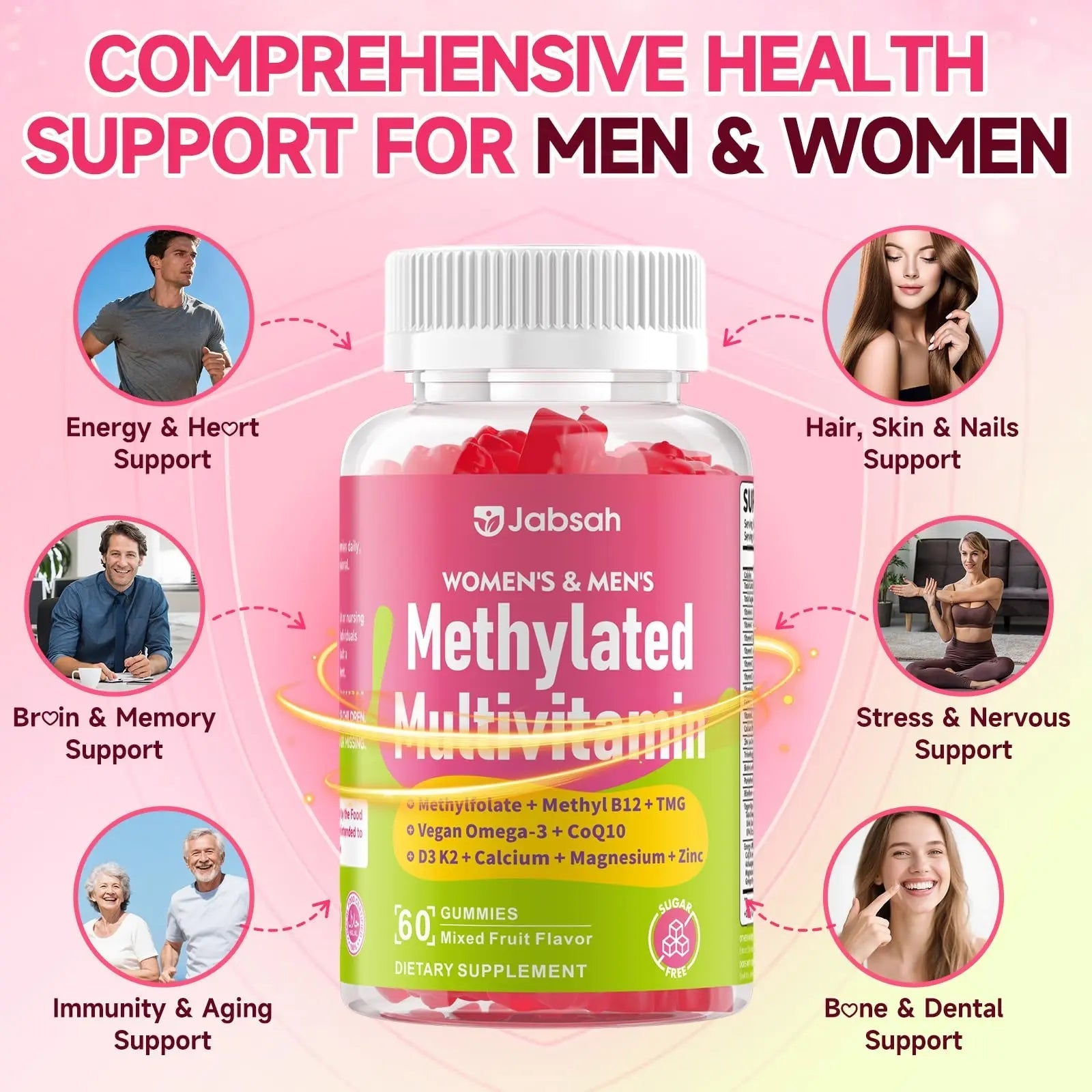 Methylated Vitamin B Complex Gummies for Women & Men, Multivitanins Gummy with Vitamin A, C ,E, Methylfolate & B12, TMG, Calcium, D3 K2 - TrustMedUSA